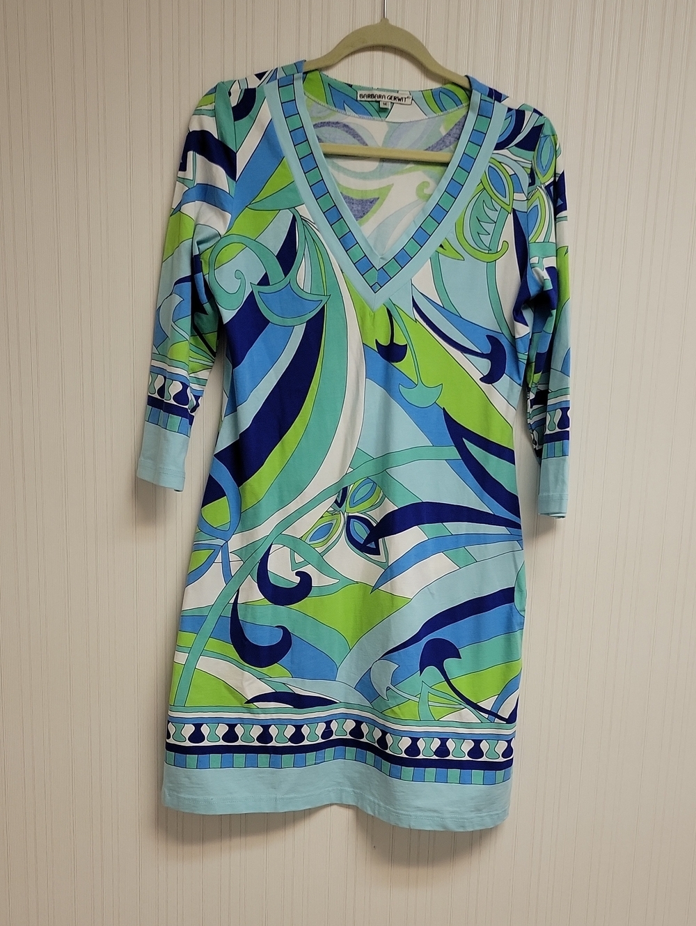 Barbara Gerwit Bright Abstract V-Neck Tunic Knit Dress Medium Colorful Preppy